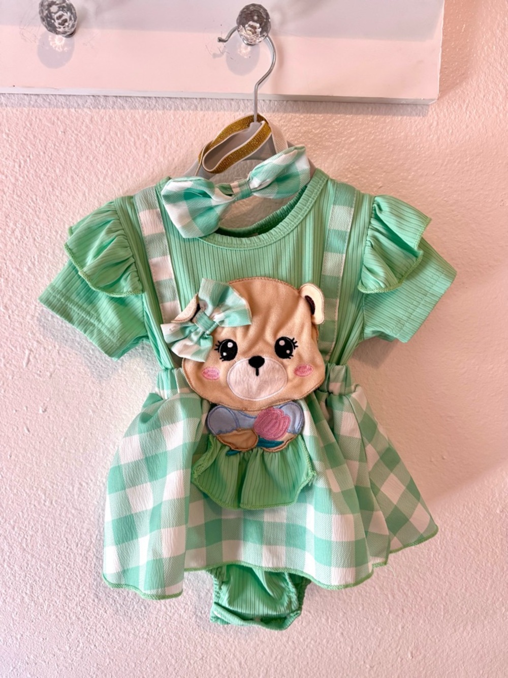Mint Green Gingham Baby Dress Set with Bear Applique